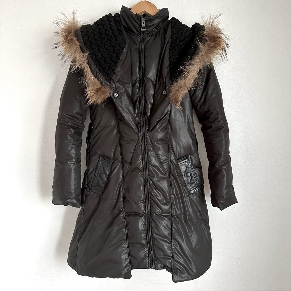 RUDSAK WINTER JACKET COAT Down Insulated Black Leather Trim Raccoon Fur Puffer S